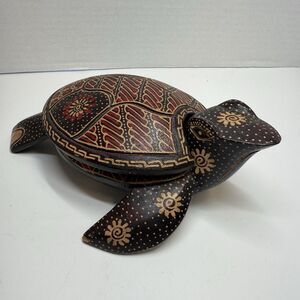 Wooden Hand Painted Carved Turtle Secret Trinket Box Keepsake Art Decor